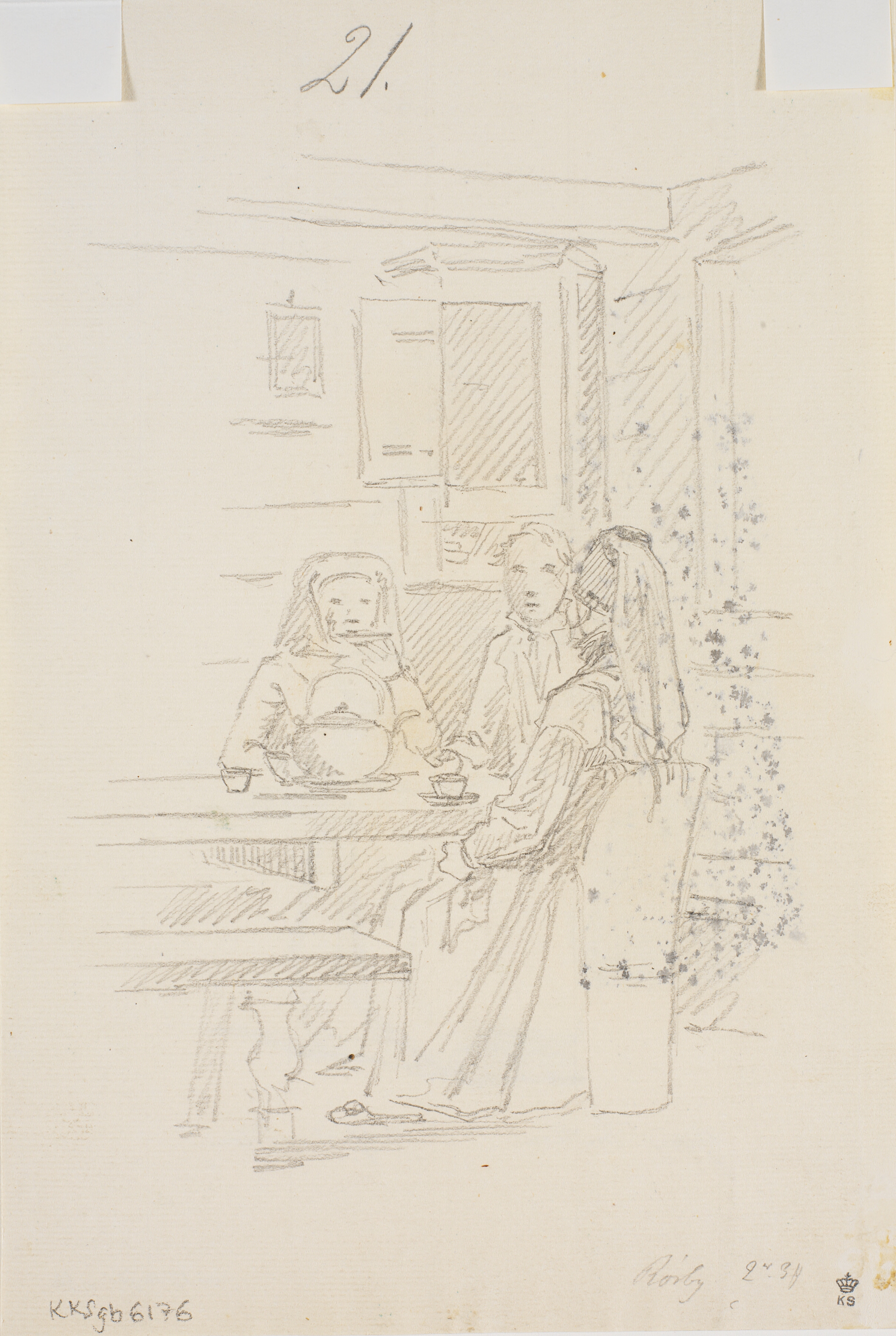 Bondestue med to kvinder i bondedragt og en mand i bydragt